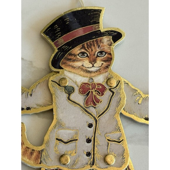 Vintage Pull String Double-Sided Moving Ornament Tabby Cat Wooden Victorian - Picture 2 of 3